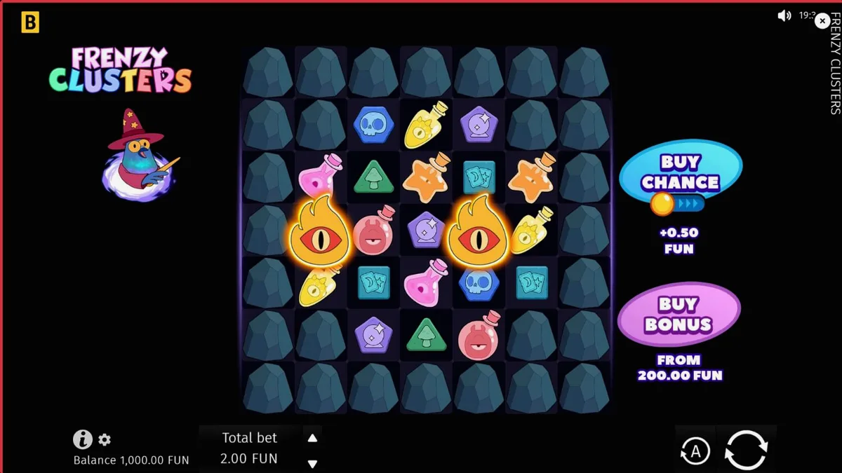 Tampilan visual slot Frenzy Clusters dengan tema fantasi dan karakter hero