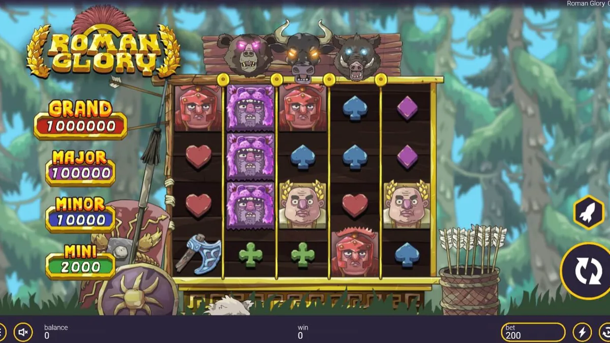 Tampilan visual slot Roman Glory dengan tema hutan dan gladiator