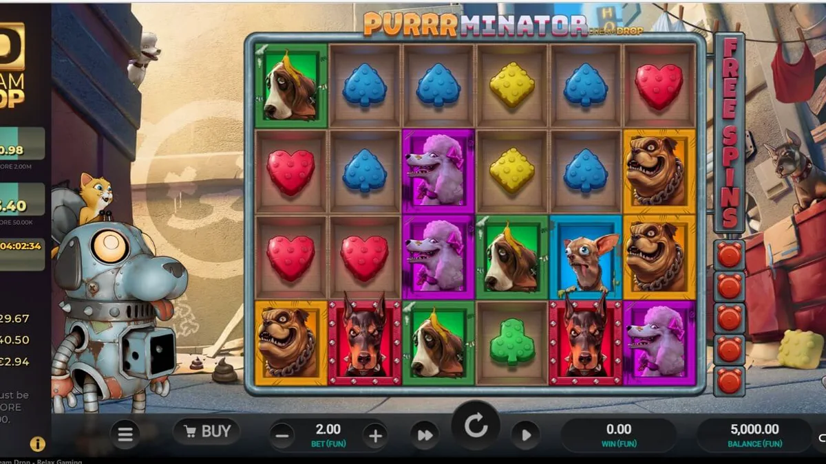 Tampilan visual slot Purrrminator Dream Drop dengan latar belakang kota dystopian neon.